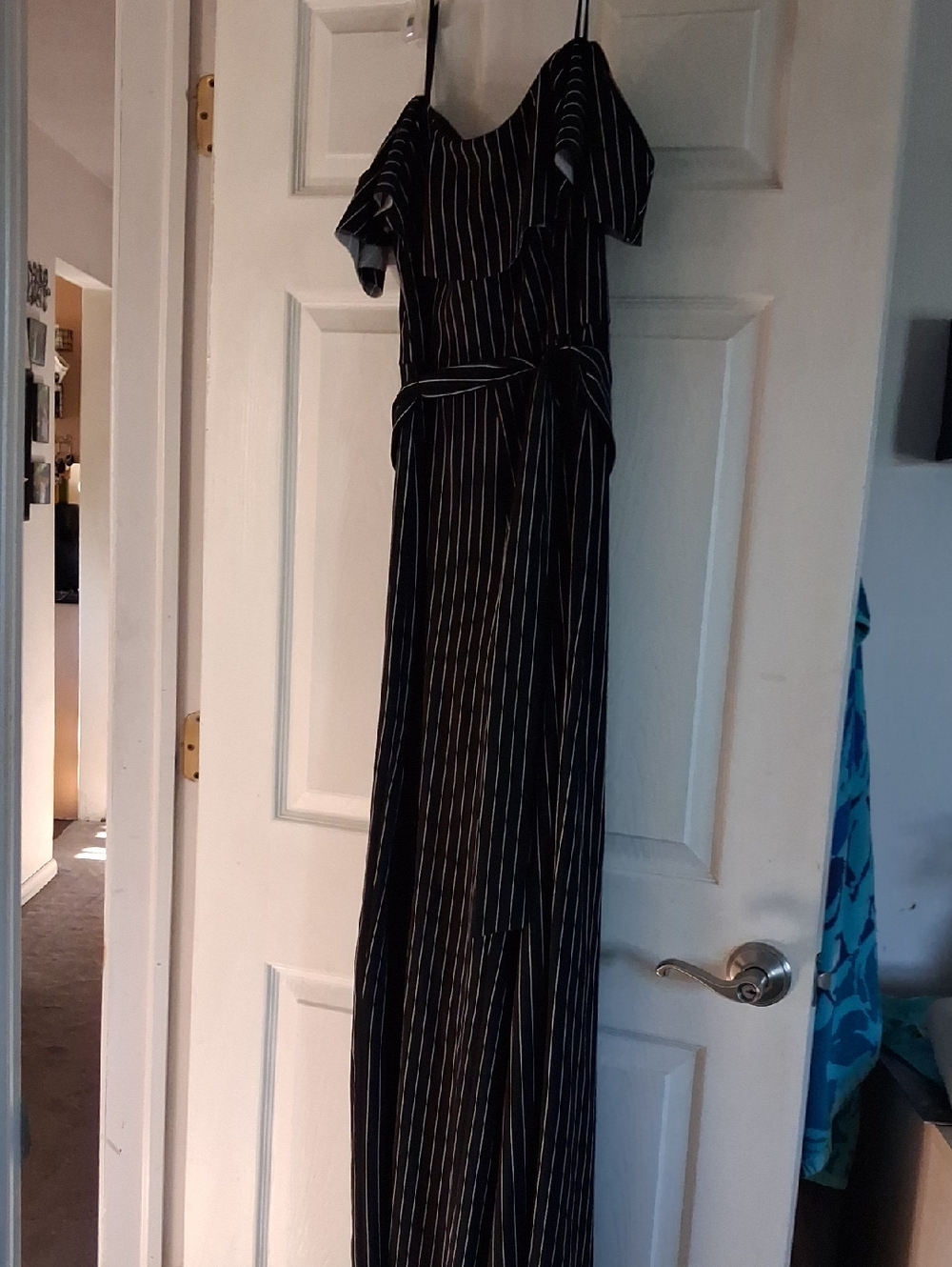 BEBE Jumpsuit Off Shoulder Black Striped Belted Flounce Ruffle Sz 8 NWT